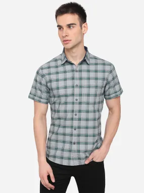 Aqua Blue & Grey Checked Slim Fit Casual Shirt | Greenfibre