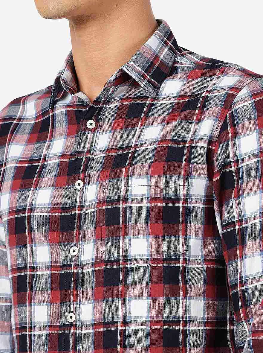 Aurora Red Checked Slim Fit Casual Shirt | Greenfibre