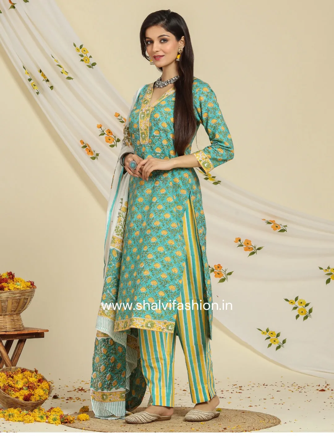Bahar Collection : Hand Block Print Cotton Suit Set (CSS91MUL)