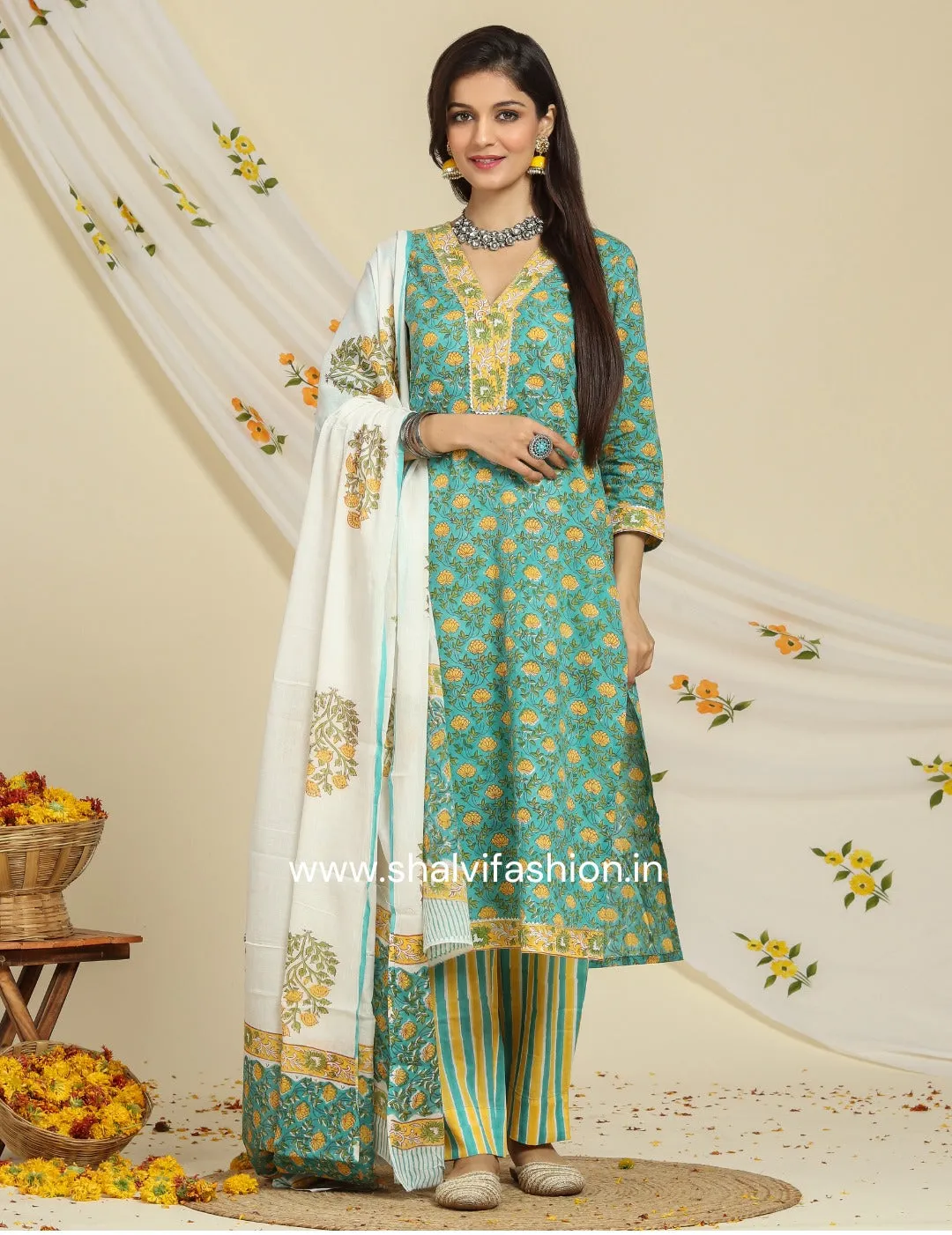 Bahar Collection : Hand Block Print Cotton Suit Set (CSS91MUL)