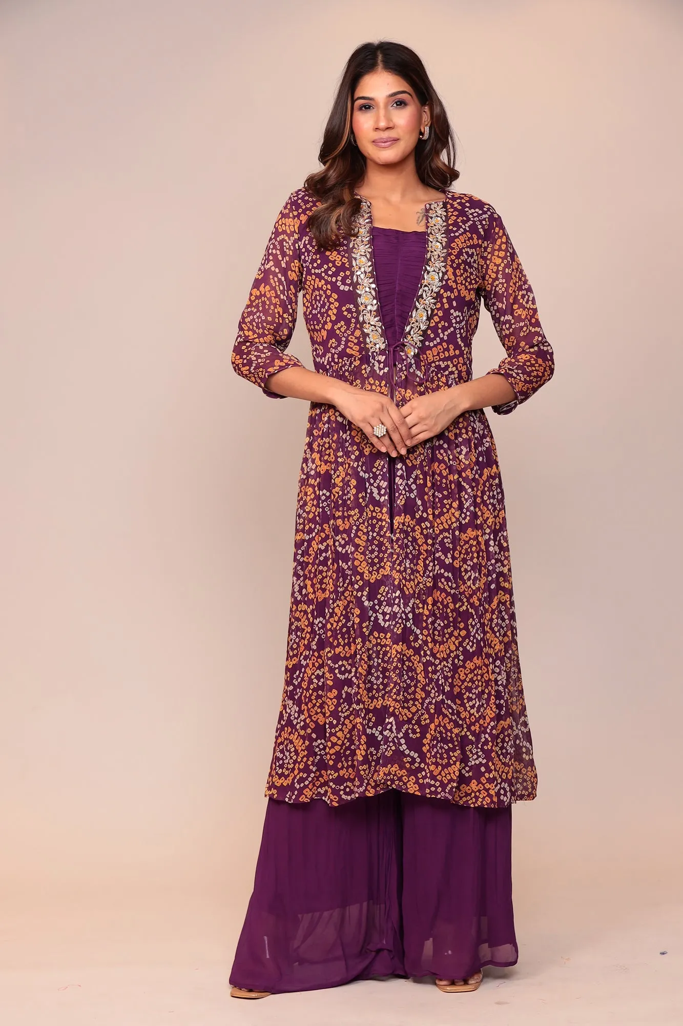 Sure! Heres an optimized title for the e-commerce product:

Exquisite Bandhej Georgette Jacket-Style Suit with Intricate Gota Patti and Thread Embroidery