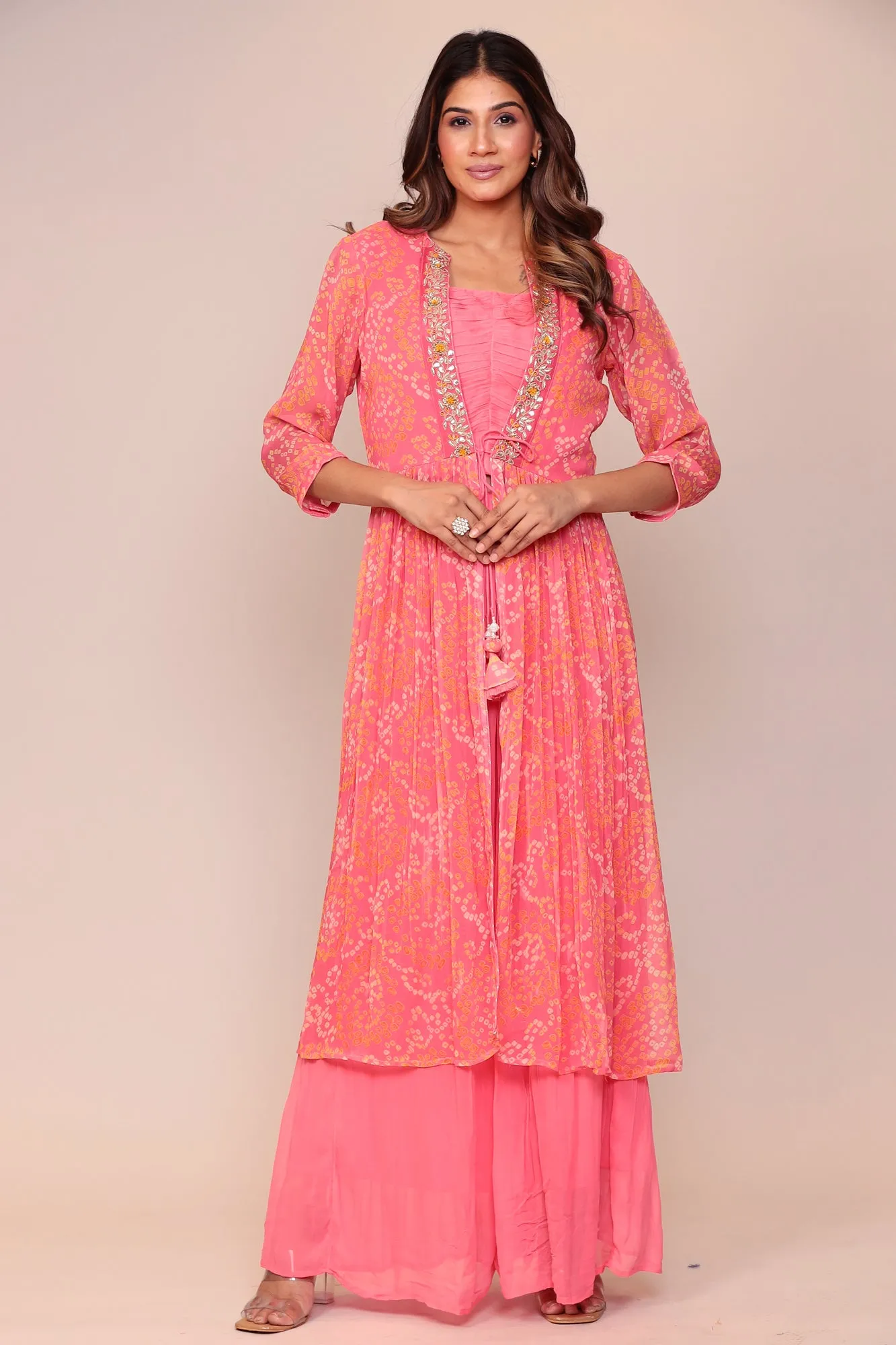 Sure! Heres an optimized title for the e-commerce product:

Exquisite Bandhej Georgette Jacket-Style Suit with Intricate Gota Patti and Thread Embroidery