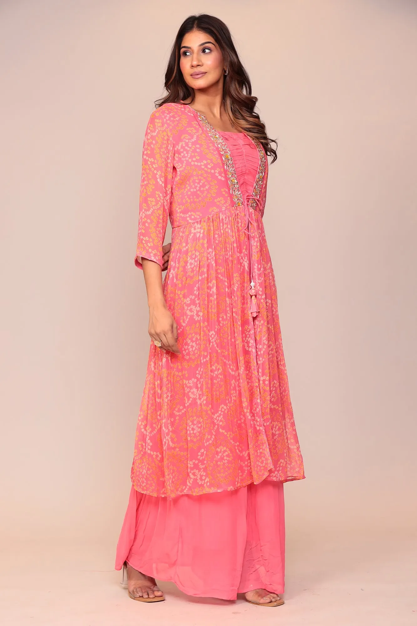 Sure! Heres an optimized title for the e-commerce product:

Exquisite Bandhej Georgette Jacket-Style Suit with Intricate Gota Patti and Thread Embroidery