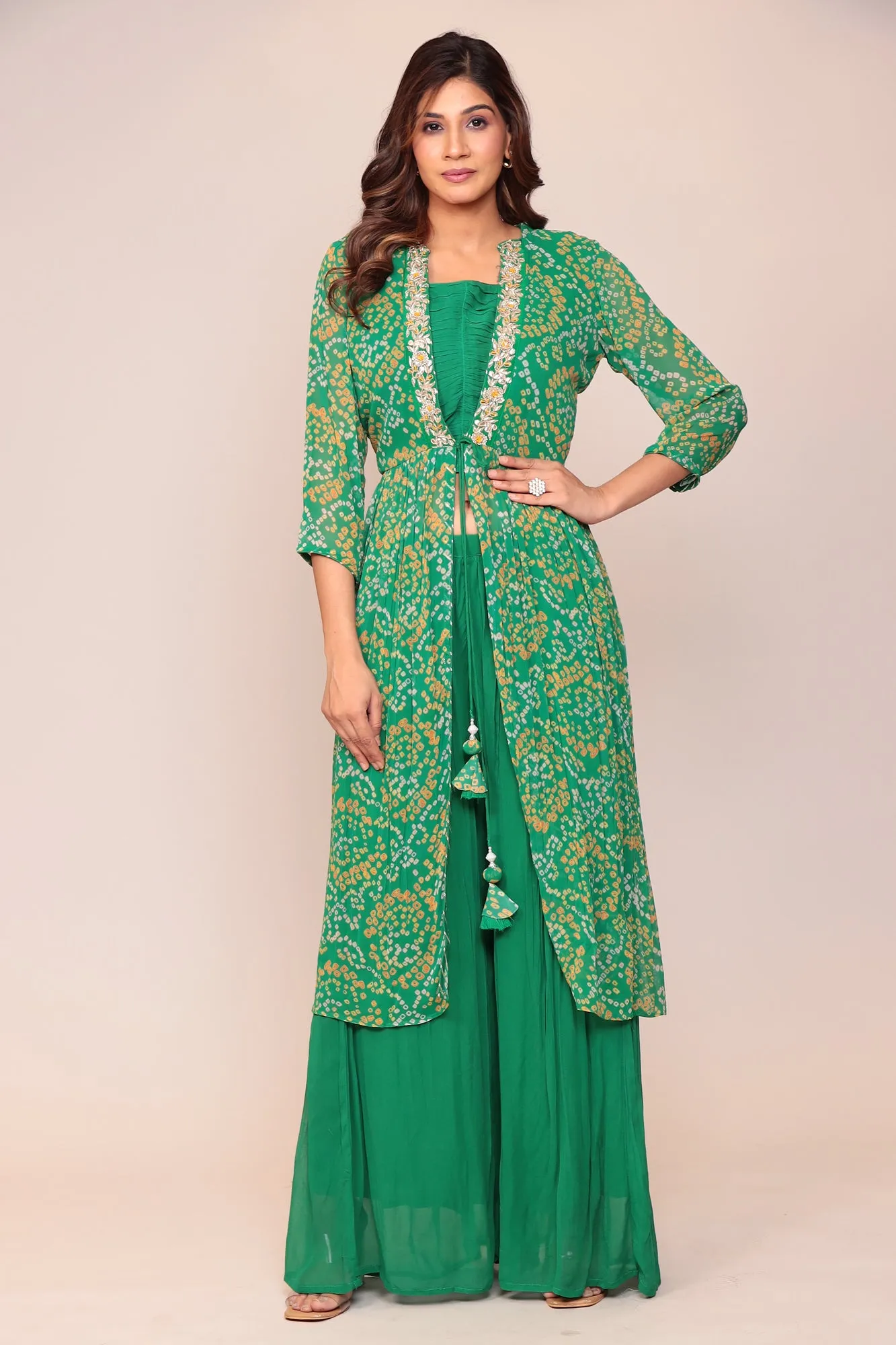 Sure! Heres an optimized title for the e-commerce product:

Exquisite Bandhej Georgette Jacket-Style Suit with Intricate Gota Patti and Thread Embroidery
