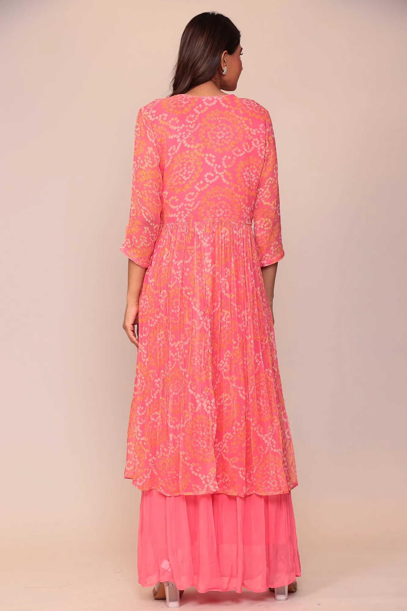 Sure! Heres an optimized title for the e-commerce product:

Exquisite Bandhej Georgette Jacket-Style Suit with Intricate Gota Patti and Thread Embroidery