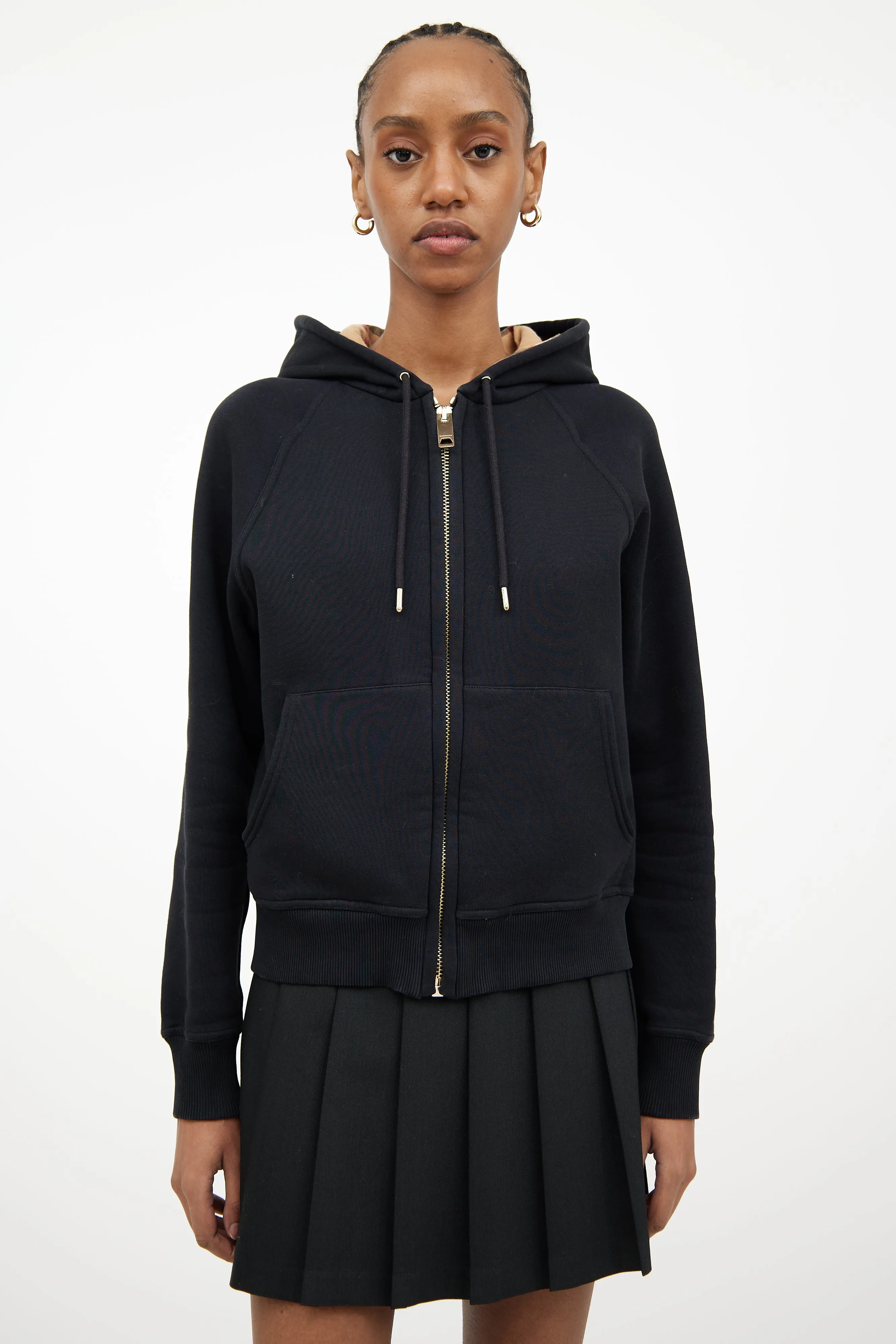 Black & Multi Check Hooded Sweatshirt