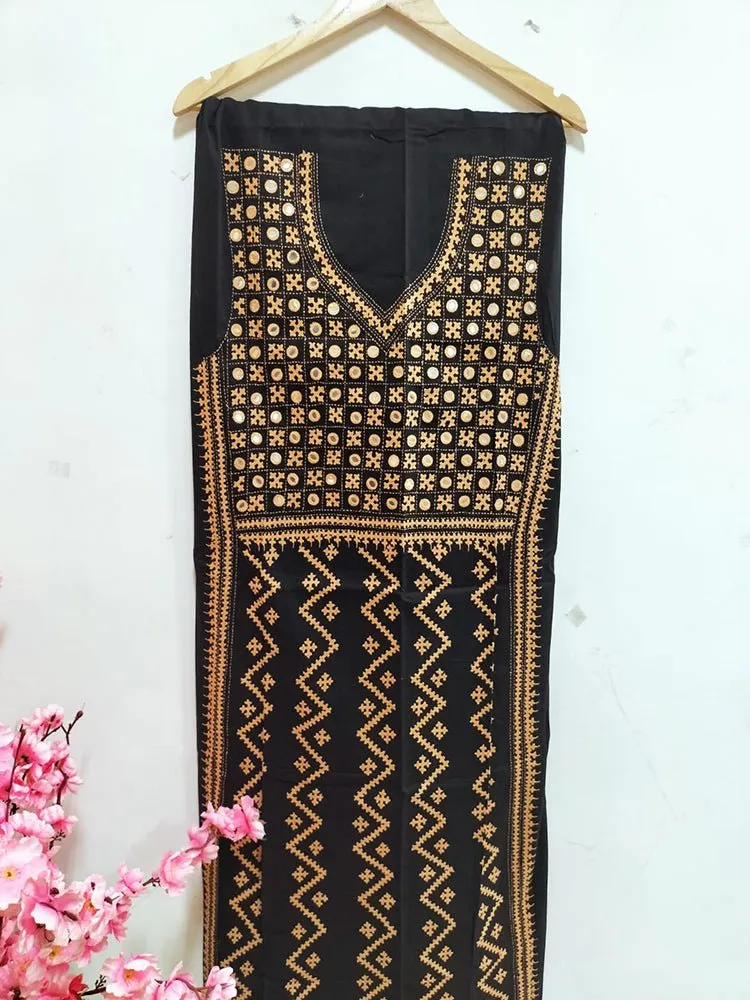 Black Hand Embroidered Kantha Cotton Unstitched Kurti