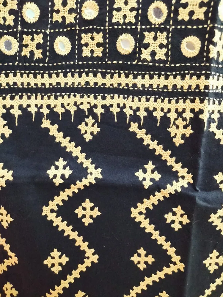 Black Hand Embroidered Kantha Cotton Unstitched Kurti