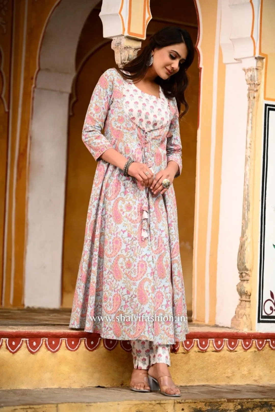 Blue Paisley Hand Block Print Three Piece Suit Set (CSS46)