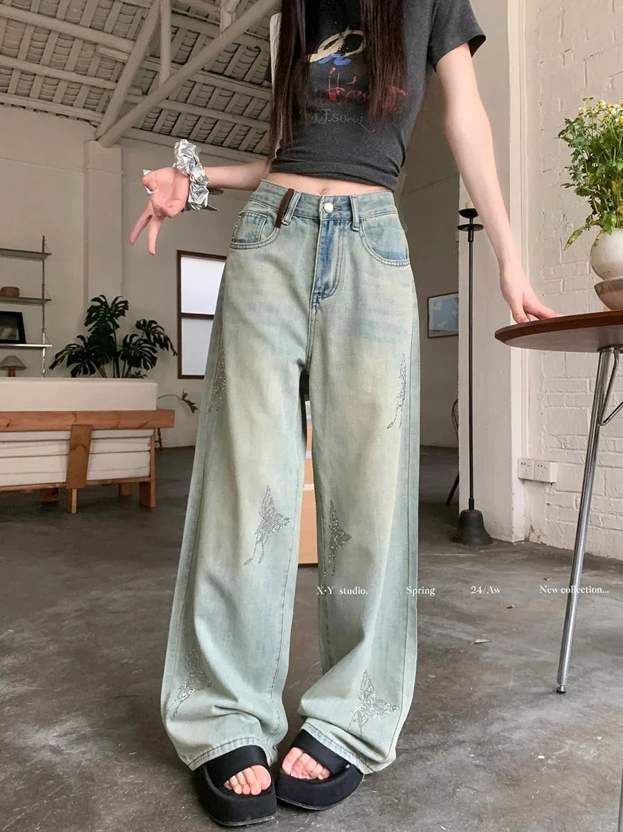 Butterfly Hot Diamond Wide-leg Vintage Jeans