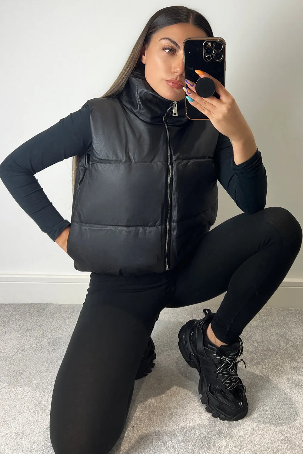Catalina Black PU Faux Leather Puffer Gilet