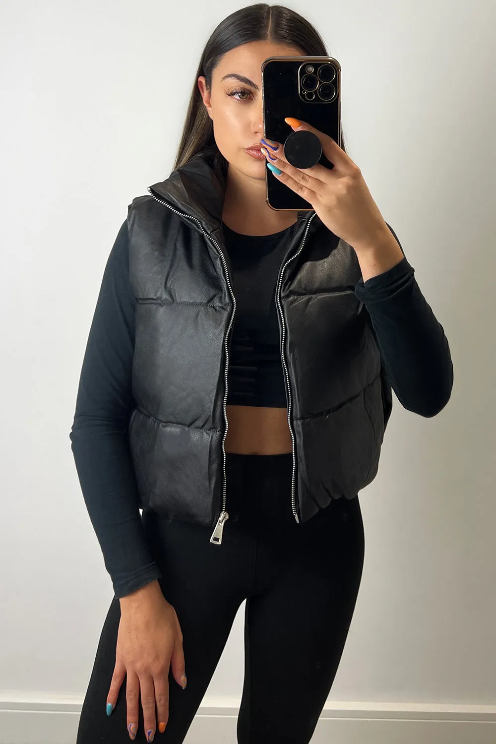 Catalina Black PU Faux Leather Puffer Gilet