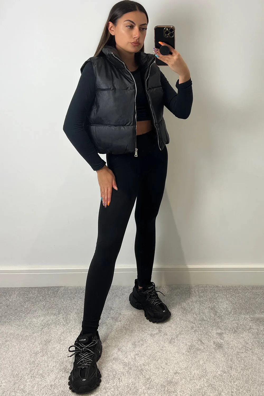 Catalina Black PU Faux Leather Puffer Gilet