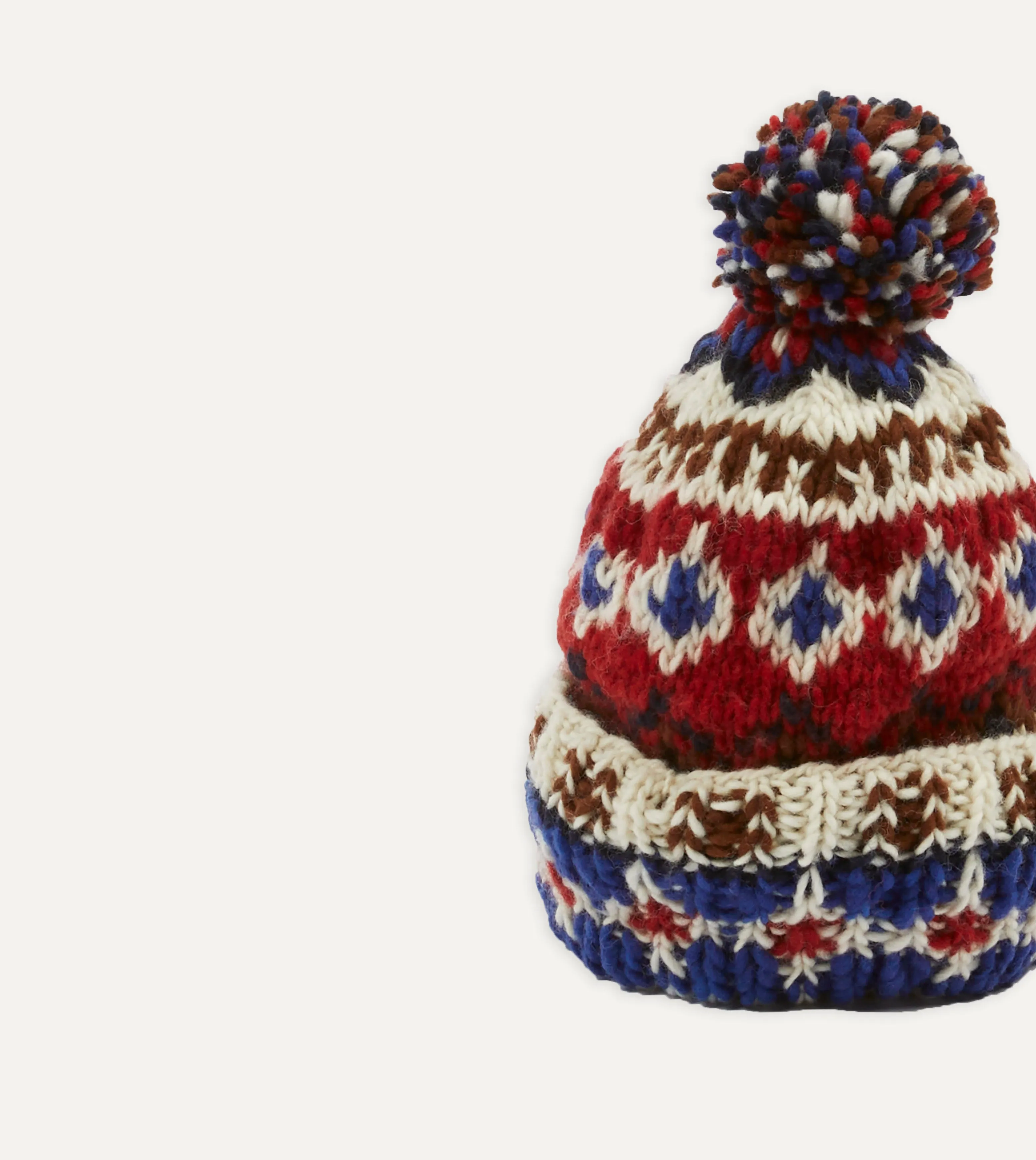 Chamula x Drakes Luxurious Ecru Fairisle Merino Wool Knit Cap