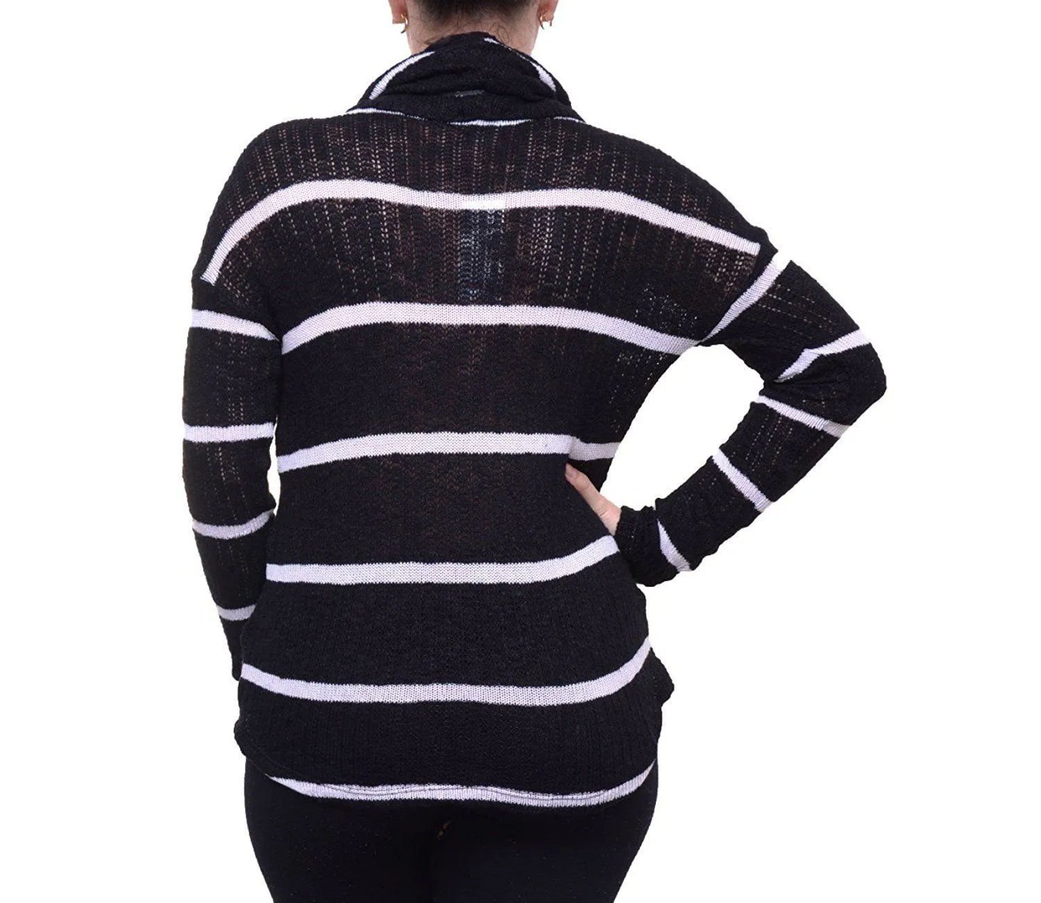 Chelsea Sky Women's Cowl Neck Striped Pullover Sweater, Black, XS