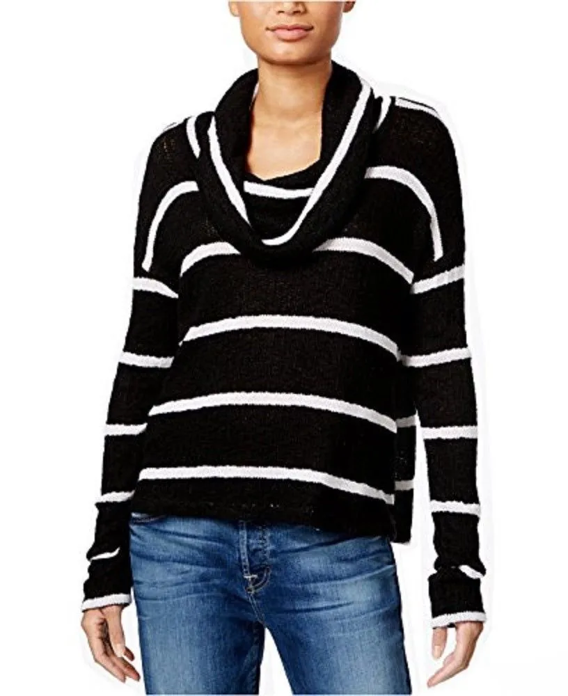 Chelsea Sky Women's Cowl Neck Striped Pullover Sweater, Black, XS
