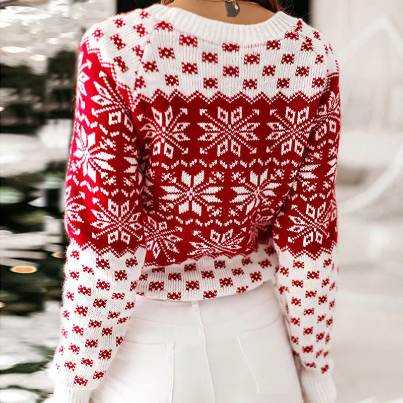 Nordic Fair Isle Christmas Snowflake Print Pullover Sweater