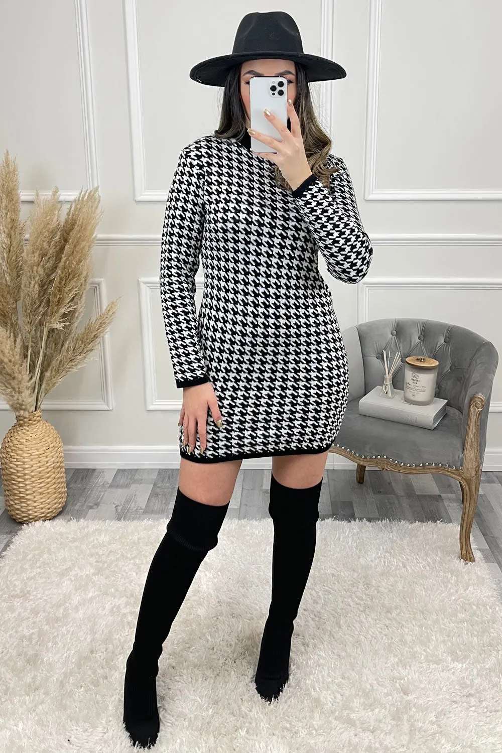 Claudie Black and White Dogtooth Knitted Bodycon Dress