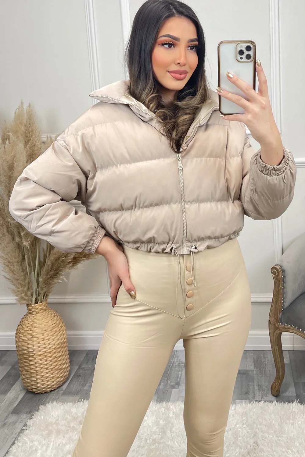 Conni Beige Cropped Drawstring Puffer Jacket
