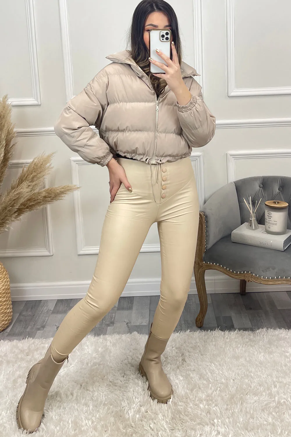 Conni Beige Cropped Drawstring Puffer Jacket