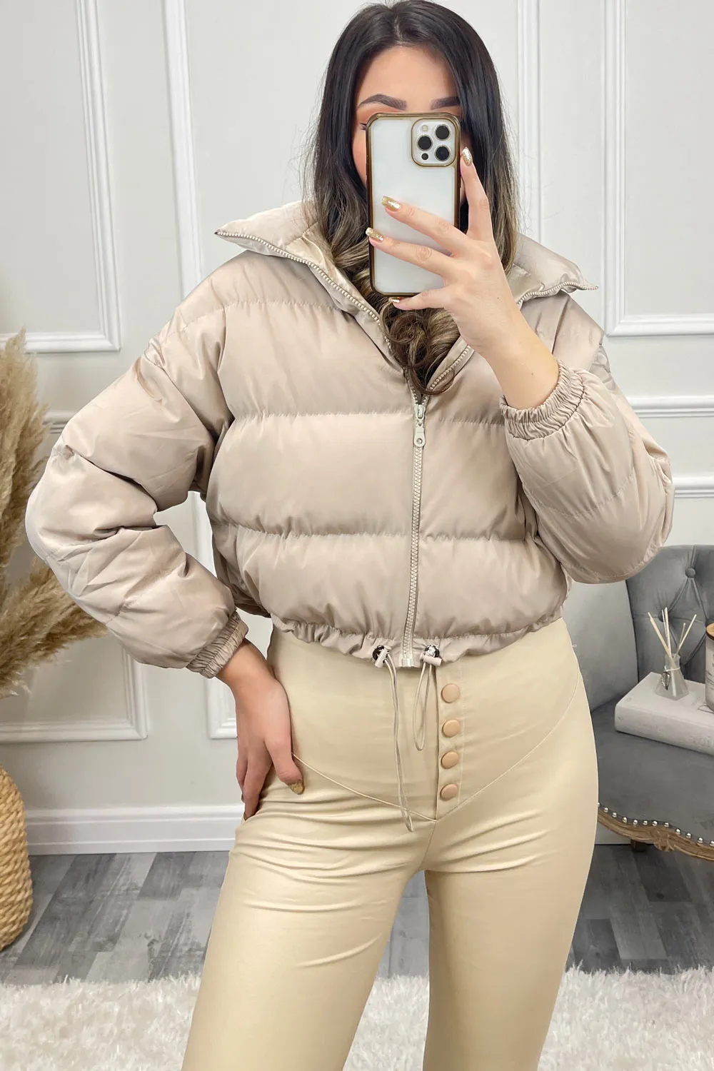 Conni Beige Cropped Drawstring Puffer Jacket