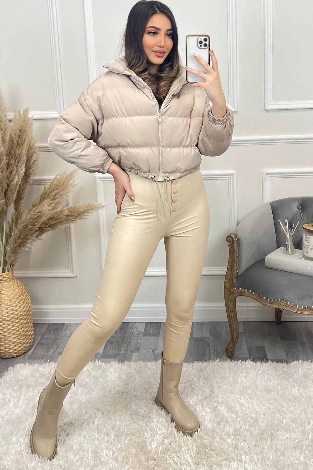 Conni Beige Cropped Drawstring Puffer Jacket