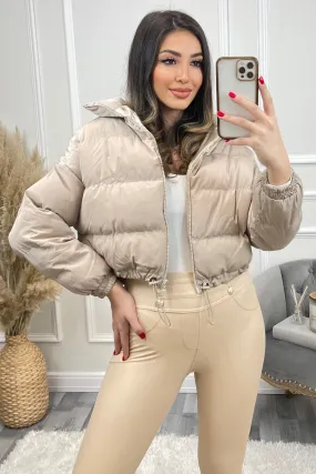 Conni Beige Cropped Drawstring Puffer Jacket