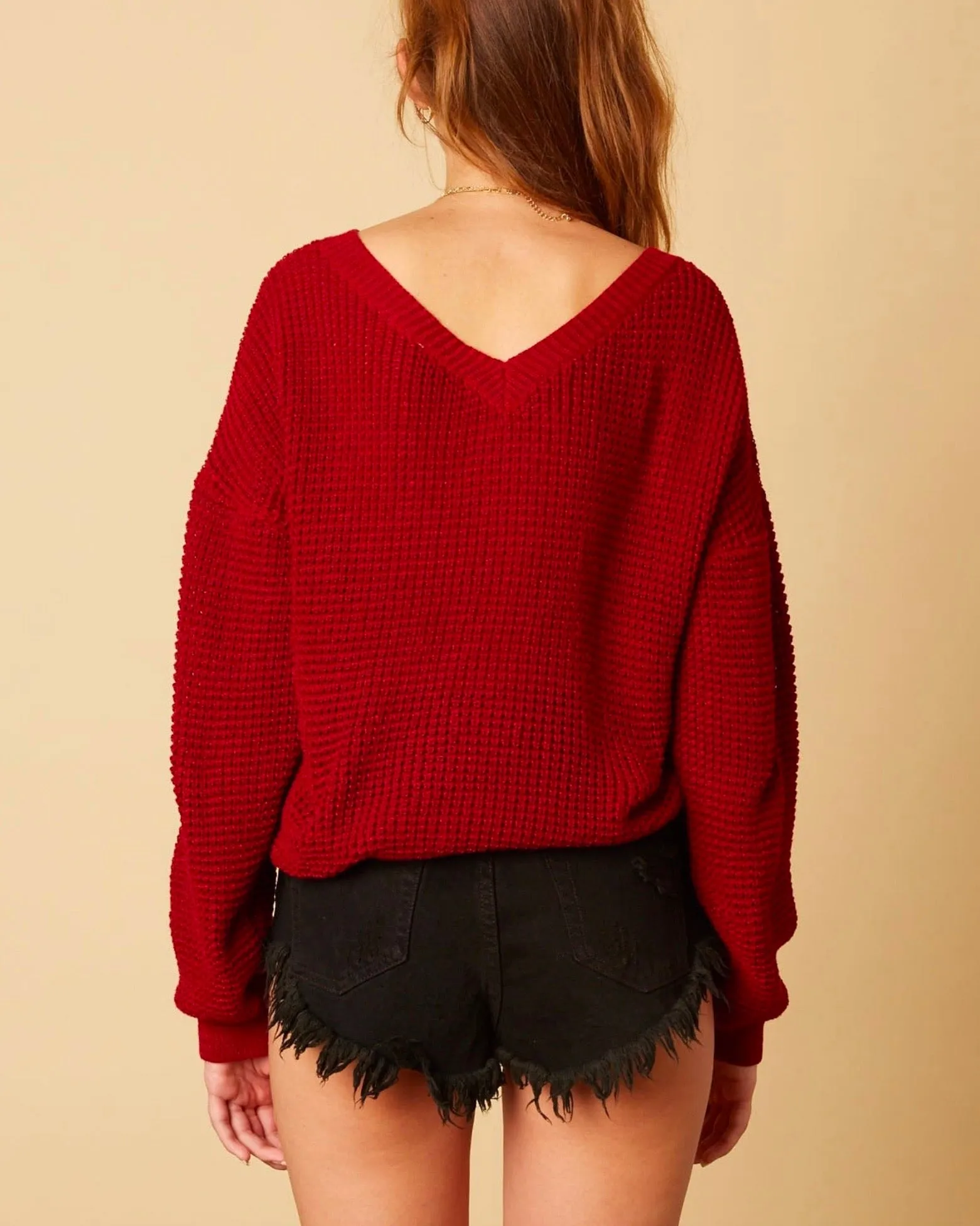 Cotton Candy LA - Plunging Twist Knot Front Sweater with Dropped Shoulders in Burgundy