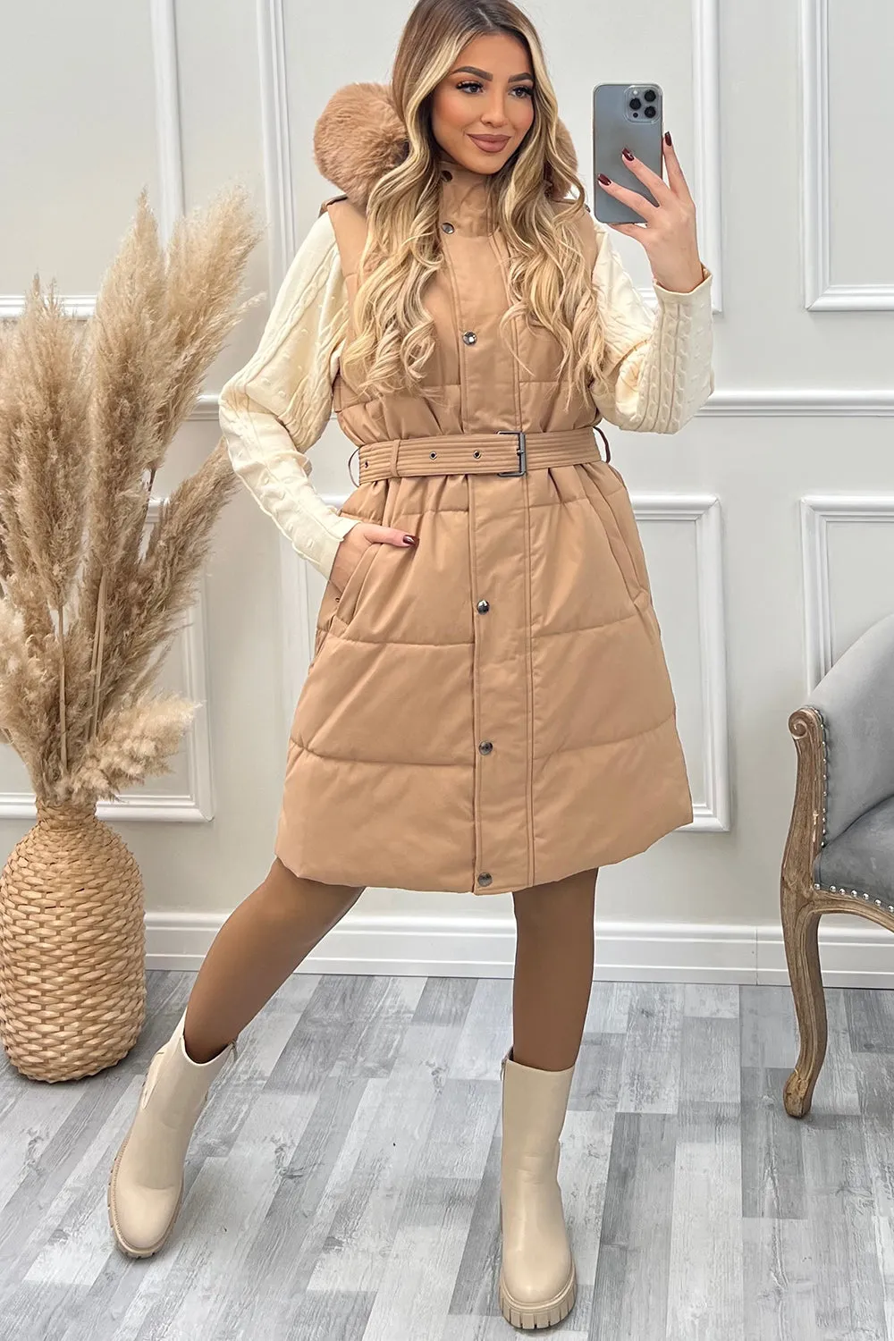 Danika Camel Faux Fur Hood Belted Padded Longline Gilet