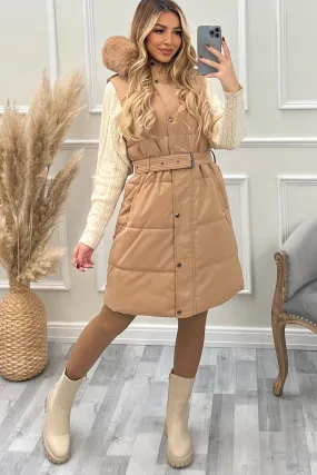 Danika Camel Faux Fur Hood Belted Padded Longline Gilet