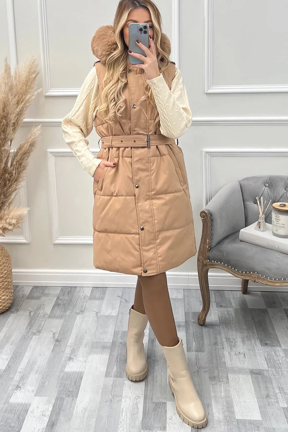 Danika Camel Faux Fur Hood Belted Padded Longline Gilet