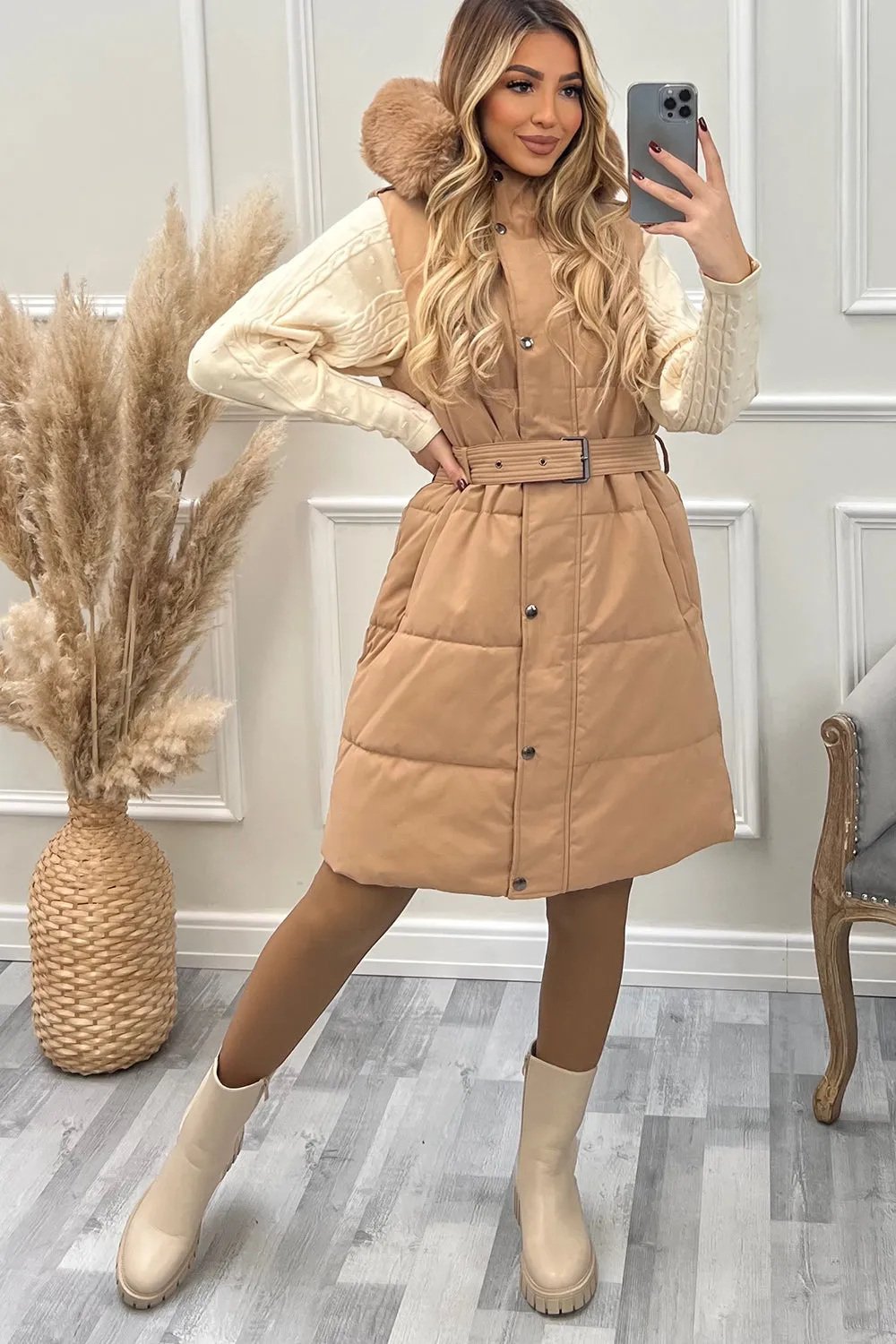 Danika Camel Faux Fur Hood Belted Padded Longline Gilet