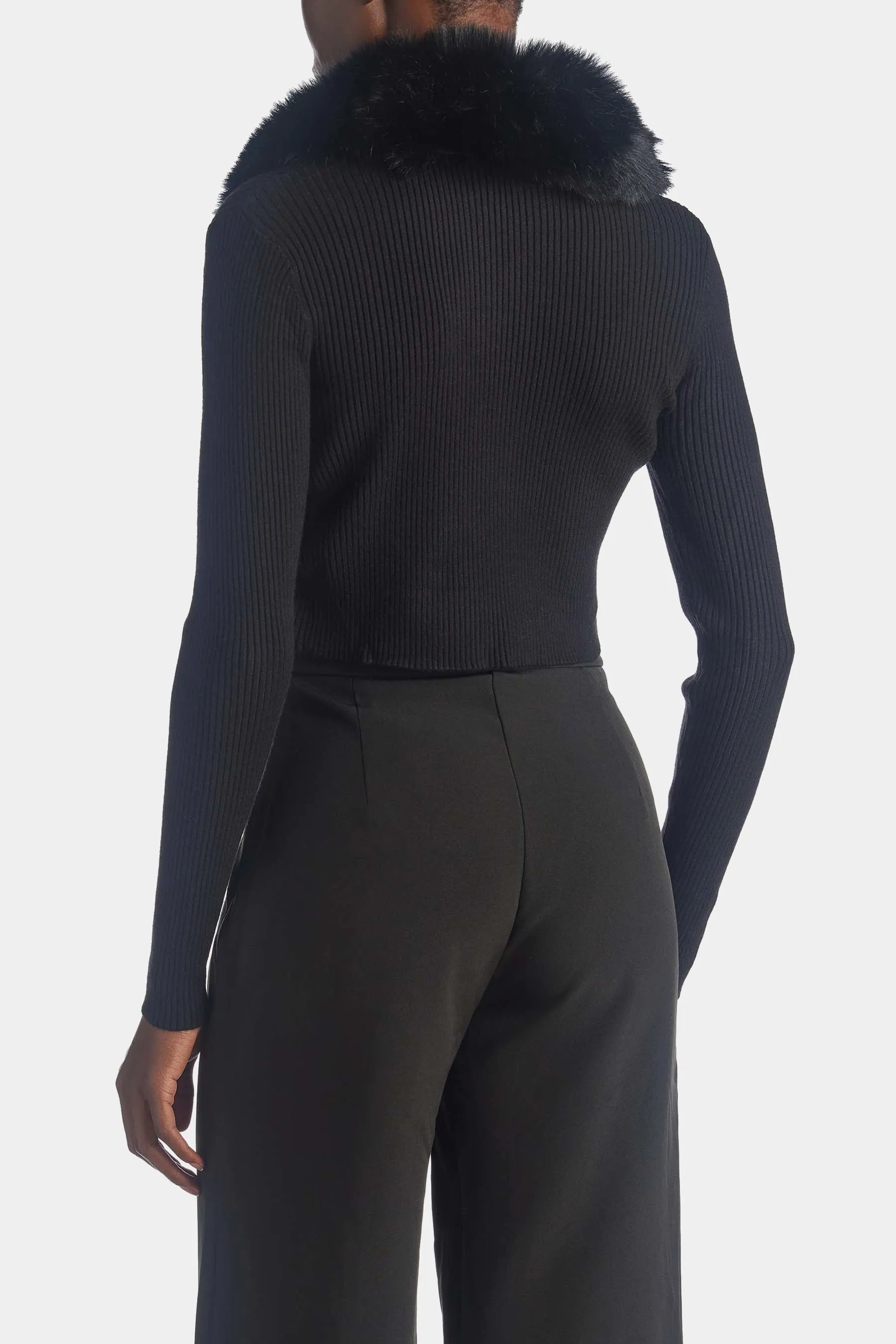Faux Fur Collared Rib Knit Sweater