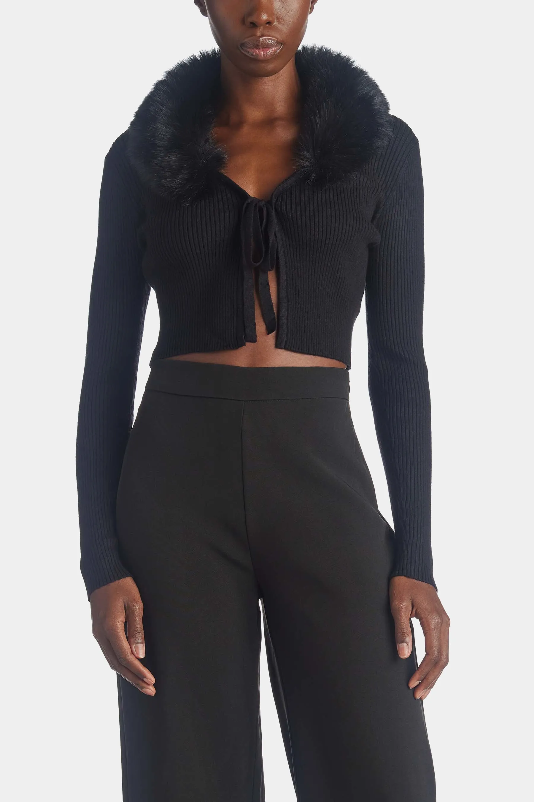 Faux Fur Collared Rib Knit Sweater