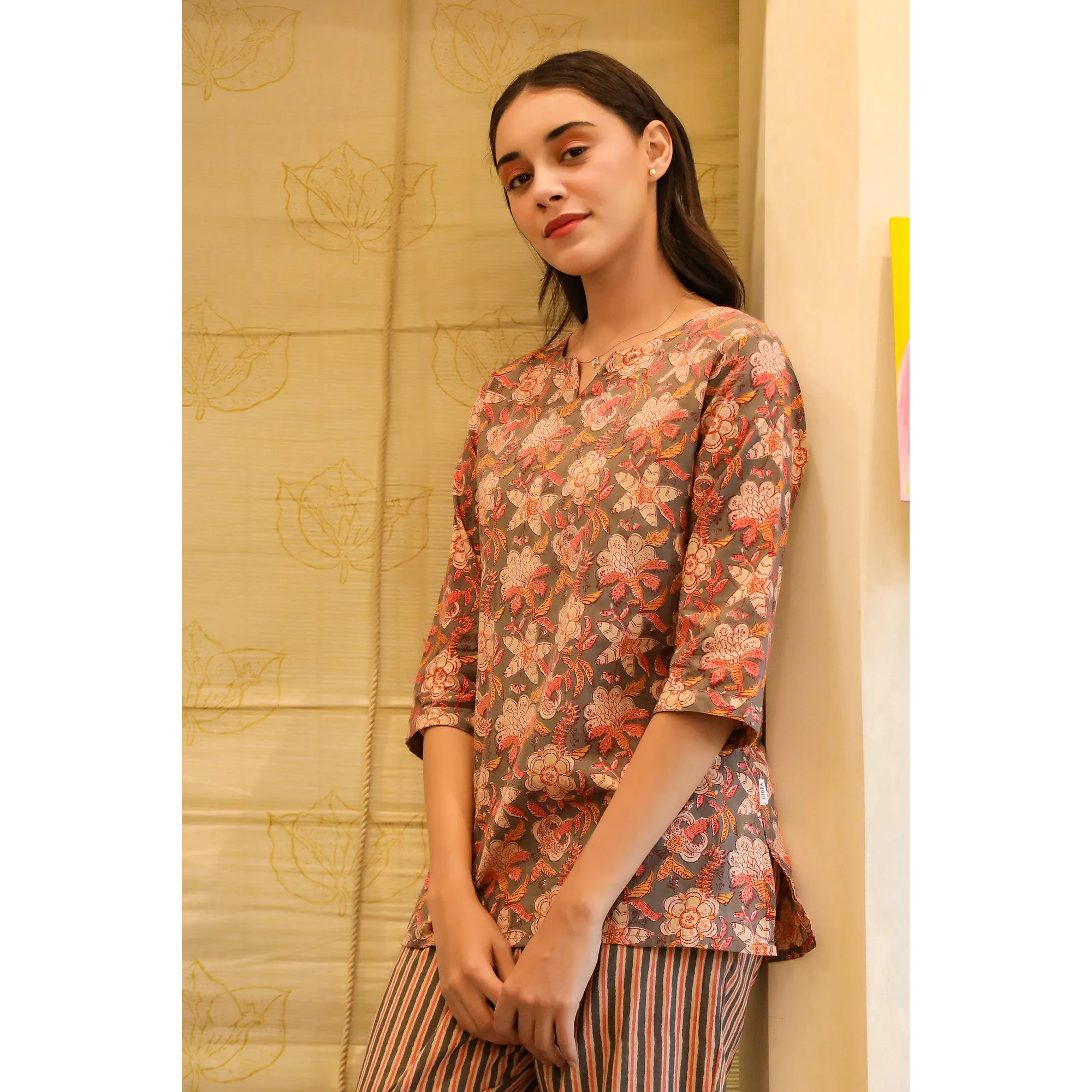 Floral Mosaic with Contrast Stripes on Grey Top Set