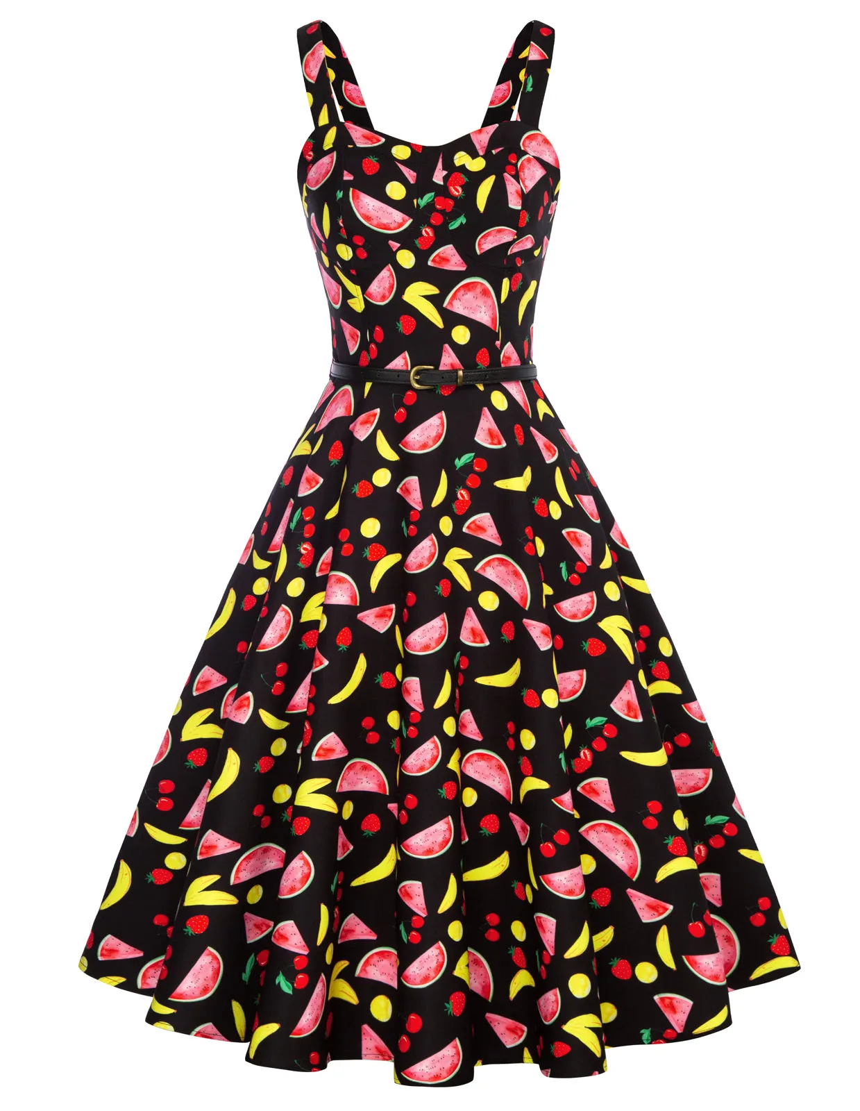 Floral Print Sweetheart Neck Flared A-Line Dress with Belt