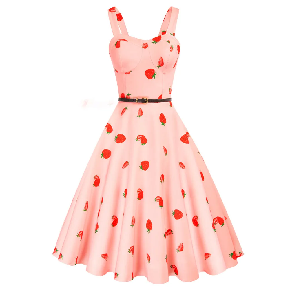 Floral Print Sweetheart Neck Flared A-Line Dress with Belt