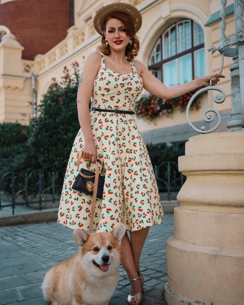 Floral Print Sweetheart Neck Flared A-Line Dress with Belt