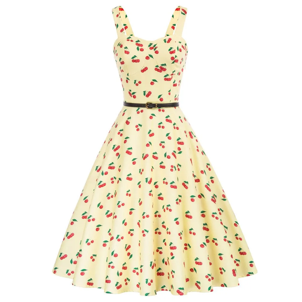 Floral Print Sweetheart Neck Flared A-Line Dress with Belt