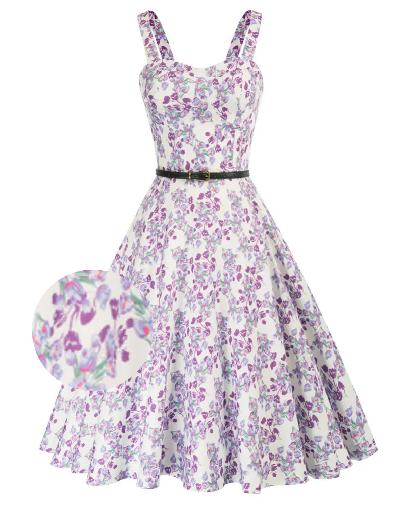 Floral Print Sweetheart Neck Flared A-Line Dress with Belt