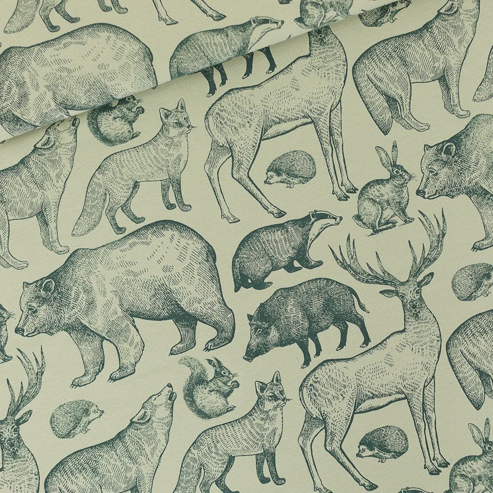 Forest Animals Gray Aqua French Terry