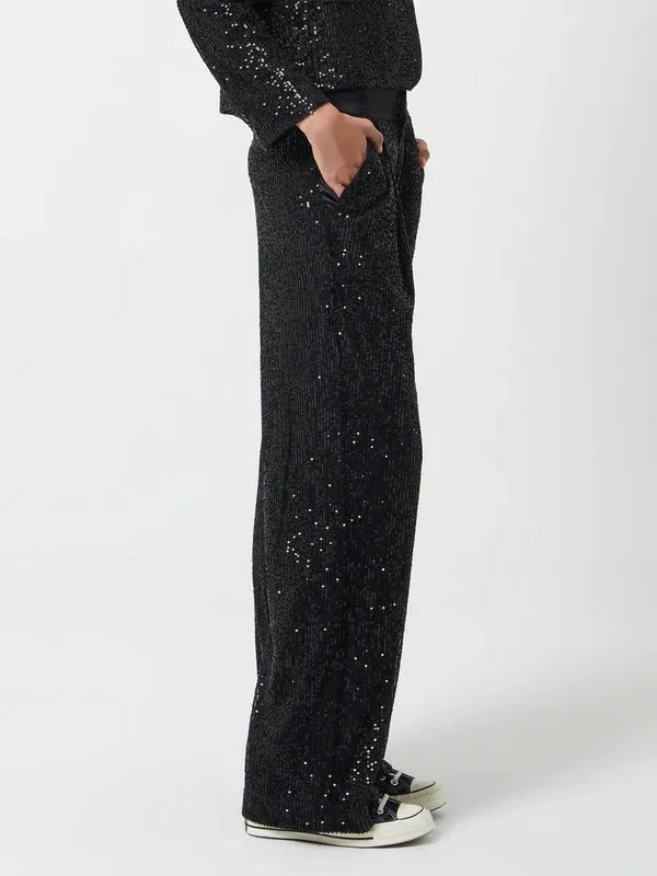Optimize the title to make it more user-friendly: Black French Connection Alindava Sequin Suit Trousers in Size 74TNG