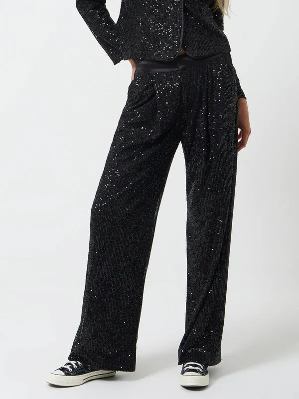 Optimize the title to make it more user-friendly: Black French Connection Alindava Sequin Suit Trousers in Size 74TNG