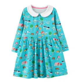 Full Sleeve Beautiful Colourful Theme Girls Dress, Blue