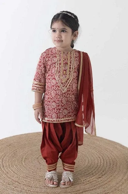 Girl Floral Jaal Suit Set - Brown