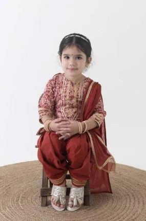 Girl Floral Jaal Suit Set - Brown
