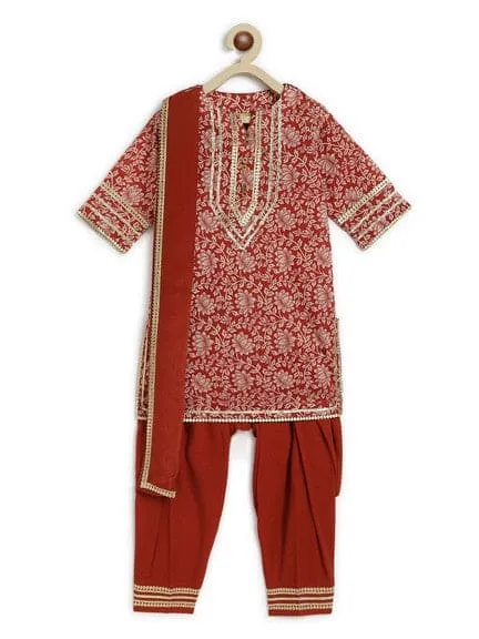 Girl Floral Jaal Suit Set - Brown