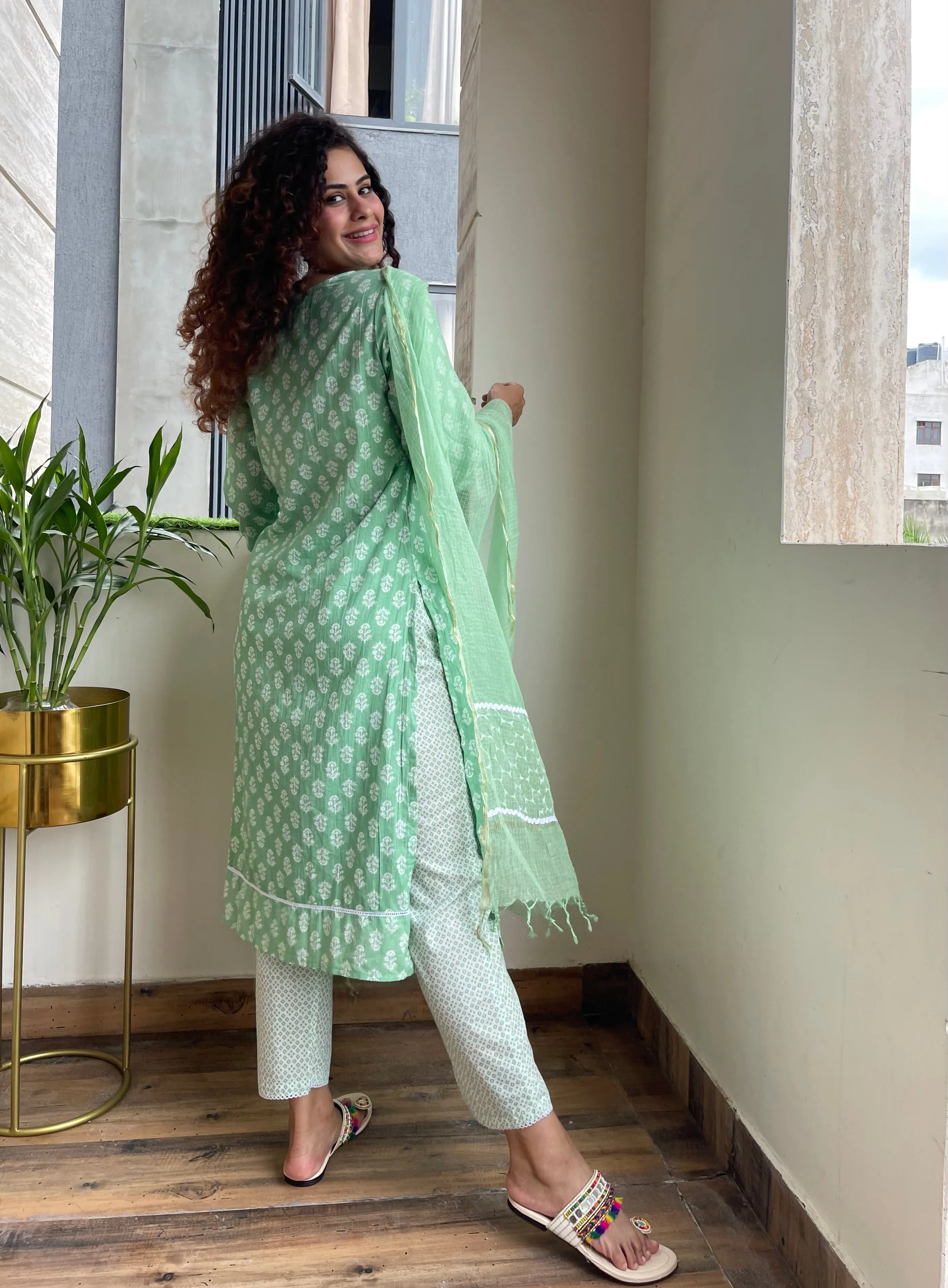 Green Cotton Kurta Suit Set