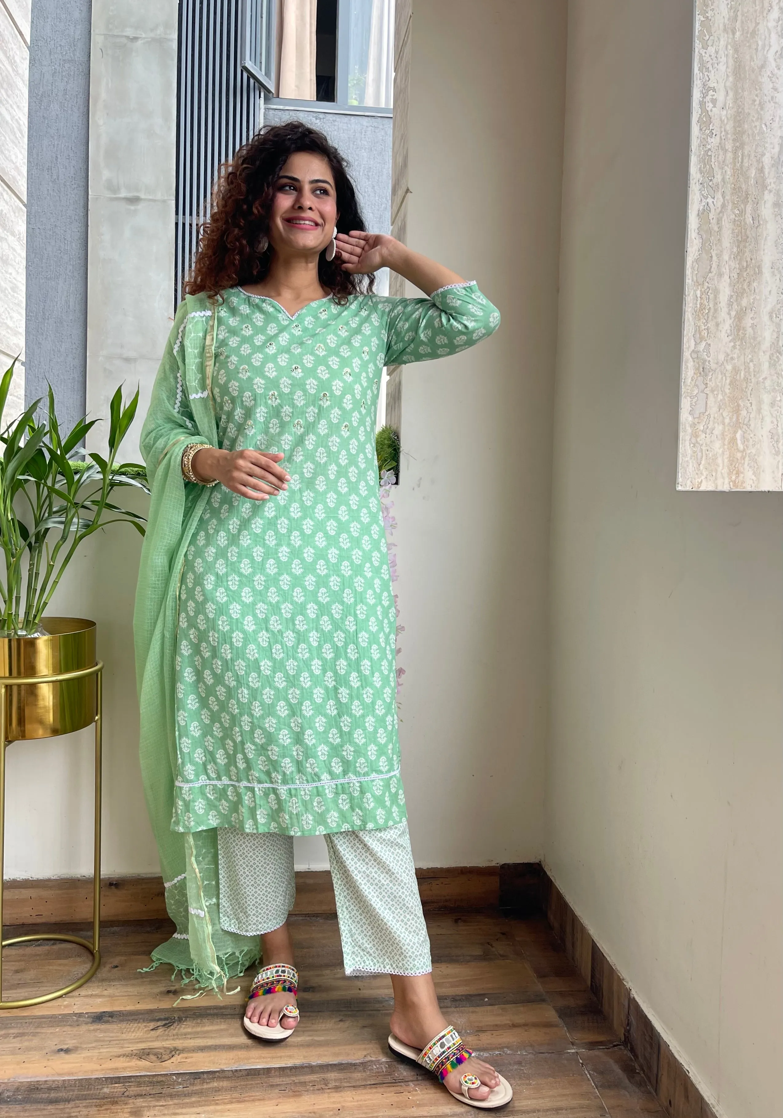 Green Cotton Kurta Suit Set