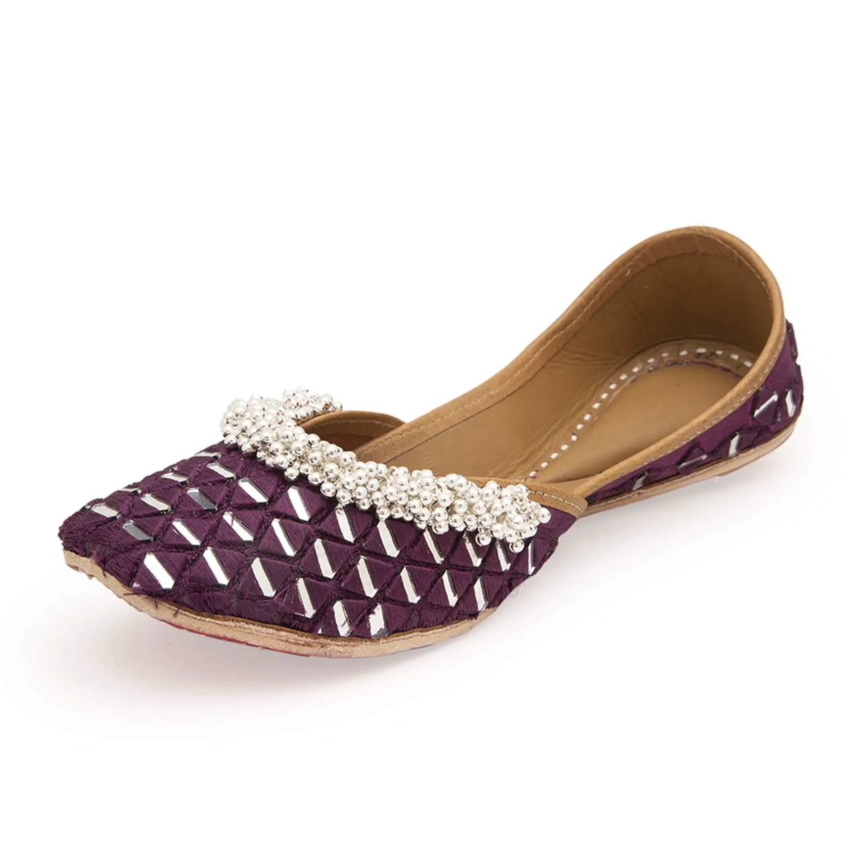 Handcrafted Purple Juttis In Silk With Mirror And Silver Embellishment